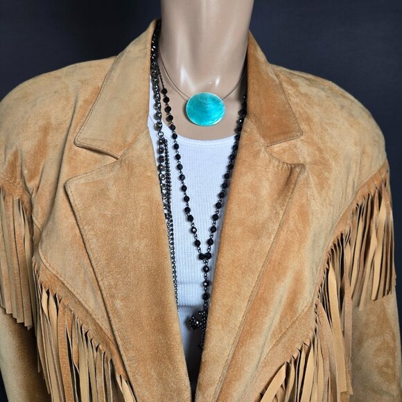 Vintage 90s Fringed Suede Jacket Size M Tan Brown Western Boho Hippie Festival - Picture 7 of 16